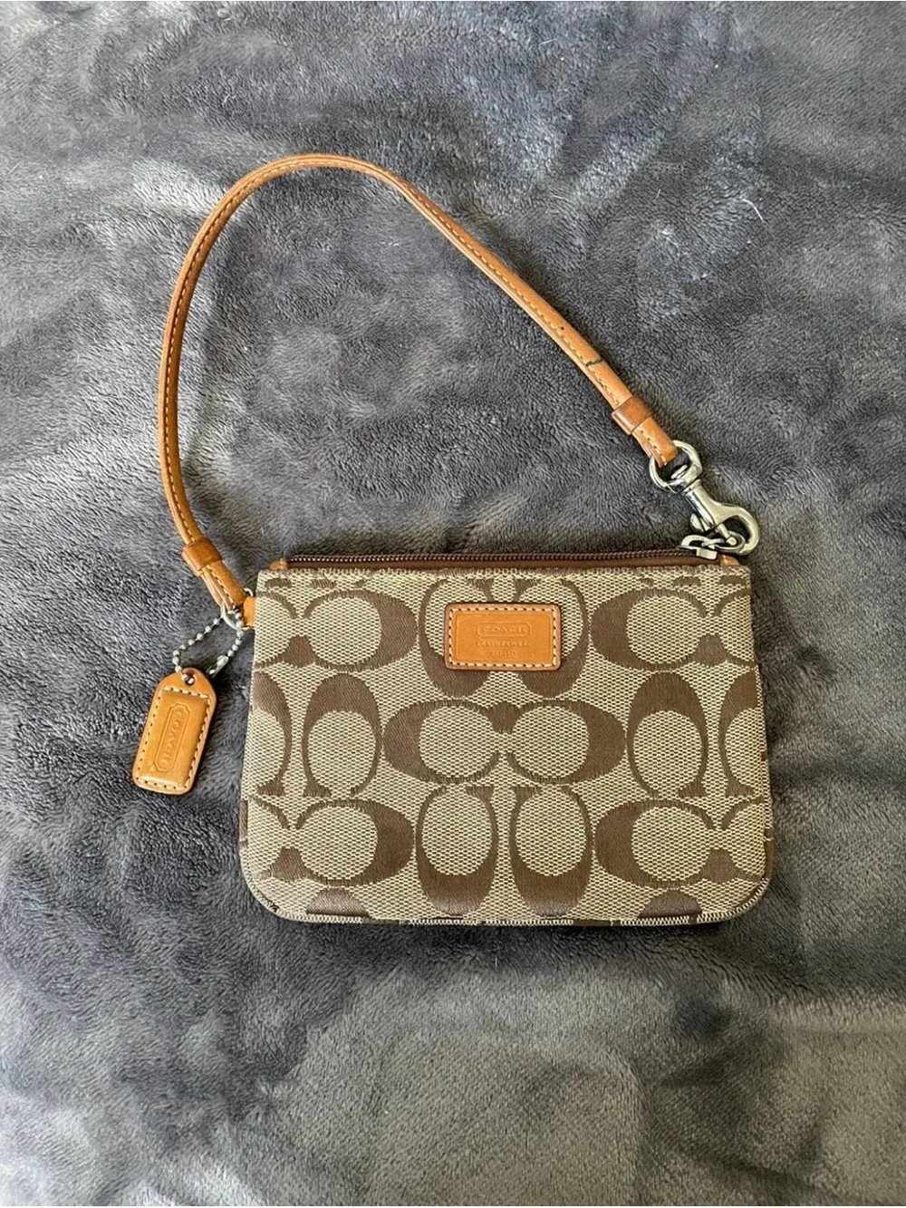 Coach Brown Signature Canvas Wristlet with Tan Leather Trim